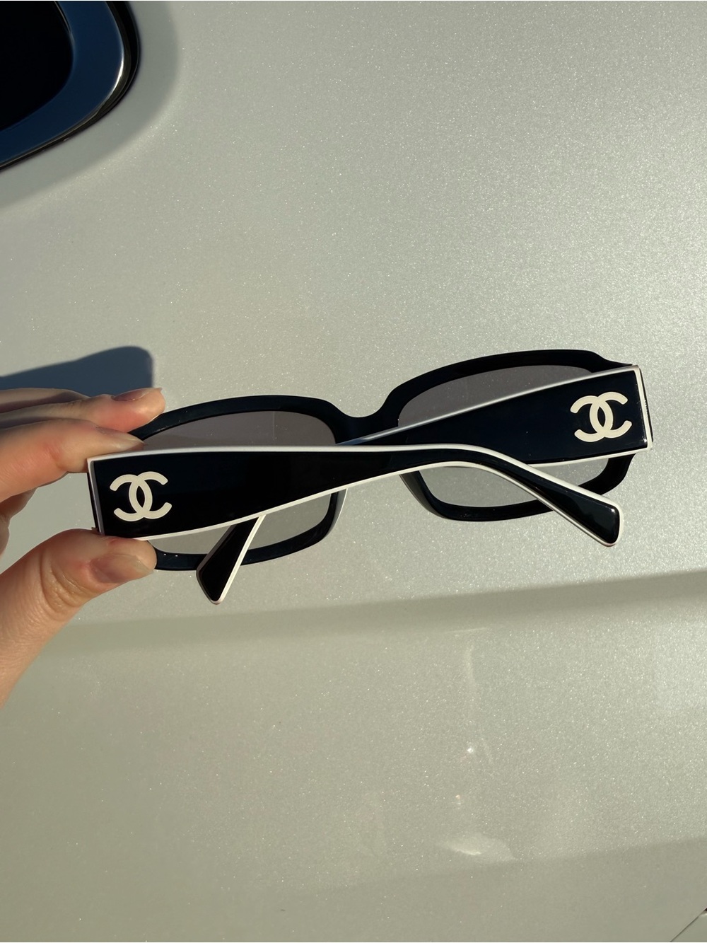 CHANEL Vintage Black and White Rectangular CC Logo Sunglasses